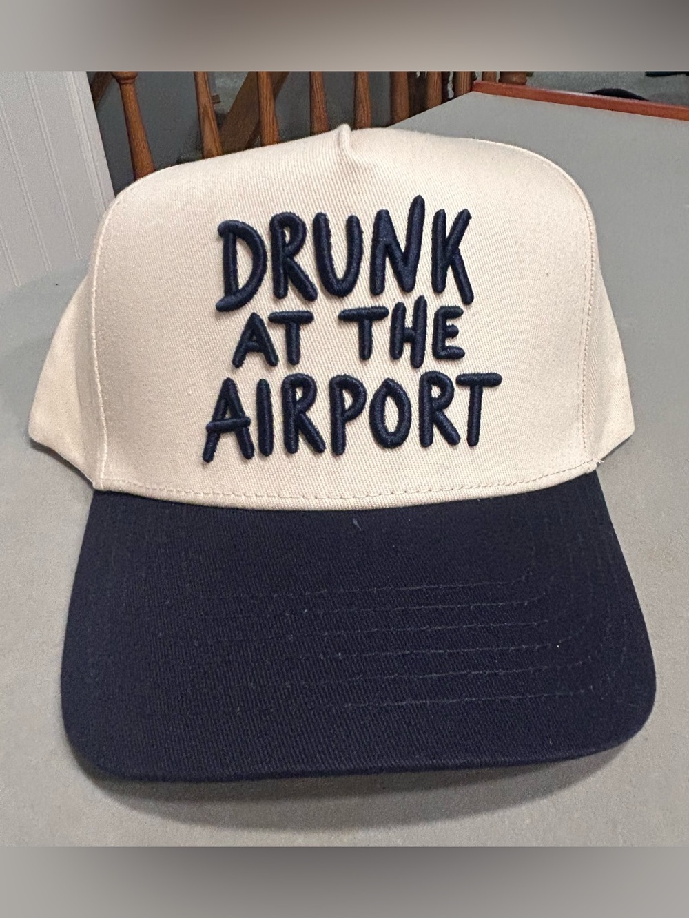 NEW Drunk At The Airport Embroidered Snapback Hat Navy & Cream Funny Travel Cap